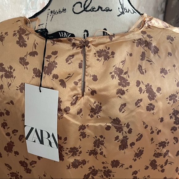 ZARA SATIN GOLD BROWN FLORAL CROP TOP LARGE - Picture 5 of 6